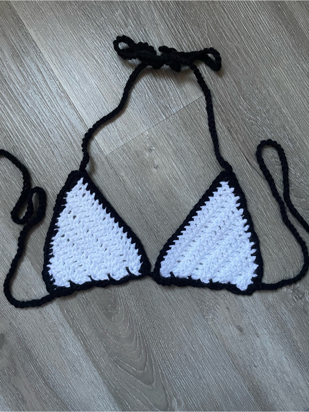 Handmade Crochet Triangle Bikini Top - White with Black Trim